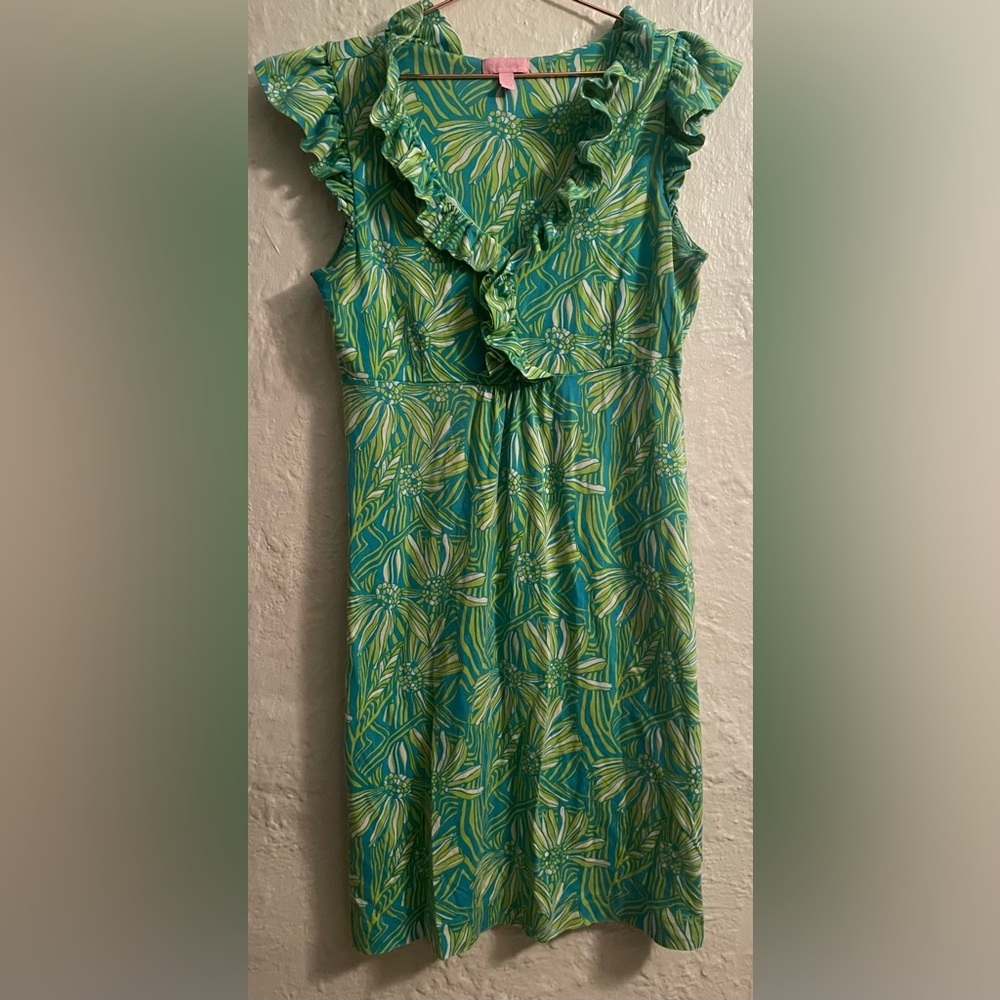 Lilly Pulitzer Clare dress green floral Seaweed Daisy, ruffle silk blend; L